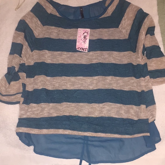 Pretty Teal & Tan Top with Fun Sheer Detailed Back - Picture 6 of 8